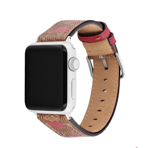 COACH Signature Tan Logo Red Heart Motif Leather 38 40 MM Apple Watch Band Strap - Picture 3 of 13